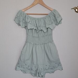 Zara Women's Off Shoulder Overall Jumpsuit Cotton Embroidery Green Mint Size S